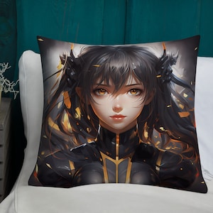 Black-Gold Hair Anime Girl | Anime Pillow | Kawaii Pillow | Decorative Pillow | Throw Pillow