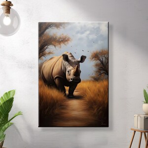 Canvas Wall Art, Rhinocerus, African Savannah, Digital Oilpainting