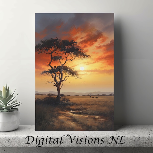 Canvas Wall Art, Tree, African Savannah, Sunset, Digital Oil Painting | 23003