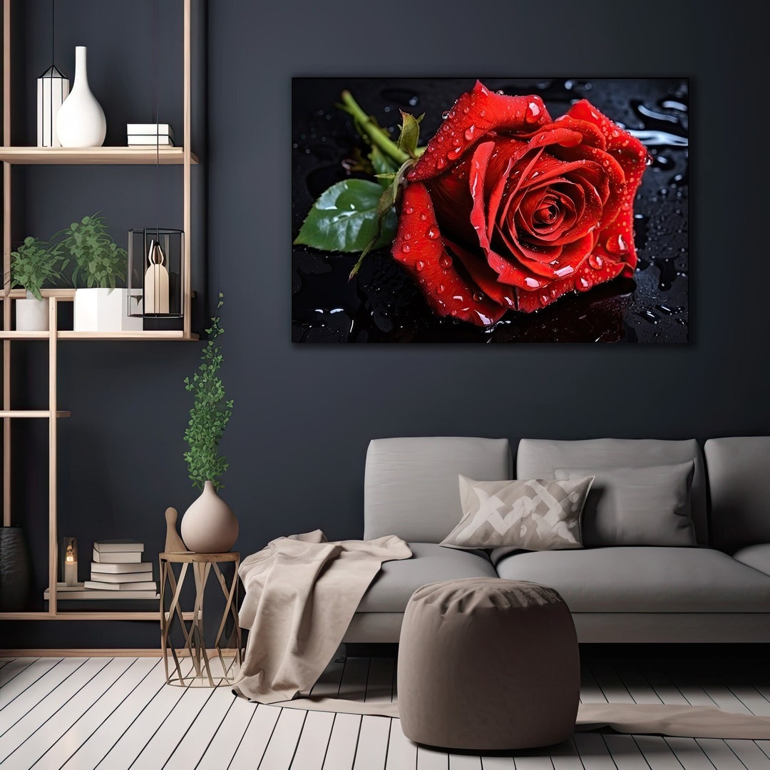 Canvas Wall Art Red Rose Black Background Etsy