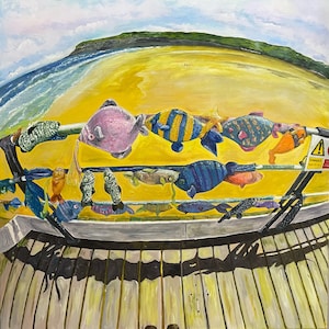 Cartes de vœux d'une peinture à l'huile originale de Rachel Smith montrant Saltburn-by-the-Sea. laissé vide pour vos propres mots.