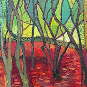 Cartes de voeux d'une peinture originale à l'huile sur bois par Rachel Smith représentant une forêt, avec un sol, des troncs et du feuillage lumineux.
