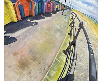Fine Art Giclee Print of original oil painting. Seascape showing Saltburn by the Sea with colourful beach huts and promenade.