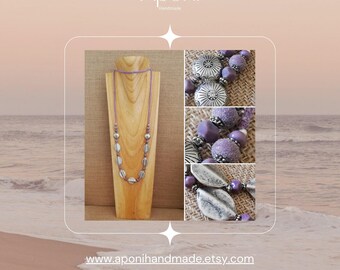 Unique long bohemian necklace in macrame with very original mauve handmade beads in mouth-blown glass and silver metal beads