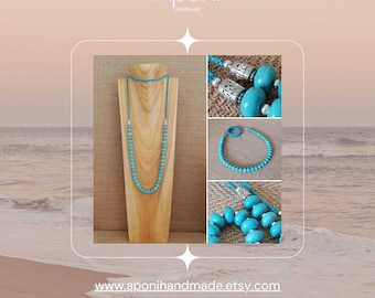 Unique long bohemian necklace in very resistant waxed cotton macrame with 925 silver beads and turquoise colored beads