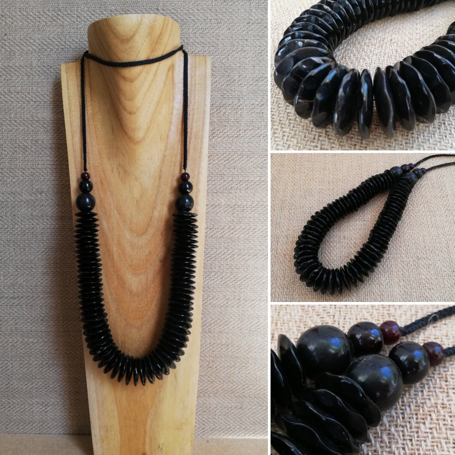 Long Collier Ethnique En Os Avec Pièces Gravées - Artisanat - Occasion