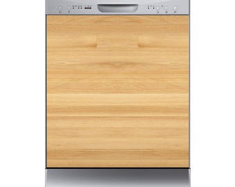 Puede incluir: Lavavajillas de acero inoxidable con puerta de madera clara. El panel de control plateado tiene botones e indicadores. La marca "Robinhood" está impresa en la parte superior. La puerta tiene un acabado de veta de madera clara.