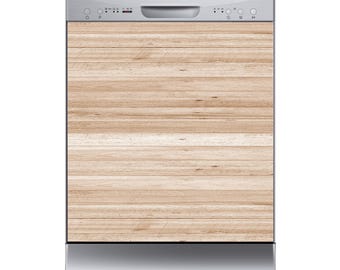 Puede incluir: Un lavavajillas de acero inoxidable con un panel frontal de imitación madera marrón claro. Tiene un asa y un panel de control en la parte superior, con la marca "Robinhood" visible.
