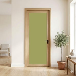 May include: A rectangular interior door featuring a light oak wood frame and a solid olive green centre panel. The door is equipped with a matte black horizontal lever handle and a matching square latch plate mounted on the right side of the frame.