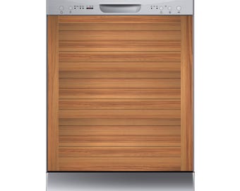 Puede incluir: Un lavavajillas de acero inoxidable con un panel frontal de madera. El panel de madera tiene un diseño de tablones horizontales en tonos marrones. El panel de control es plateado con botones y un asa. La marca "Robinhood" está impresa en la parte superior.