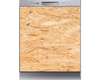 Puede incluir: Un lavavajillas de acero inoxidable con un panel frontal de madera clara y texturizada. El lavavajillas tiene un asa y un panel de control en la parte superior, con la marca "Robinhood" visible. El diseño es moderno y funcional.