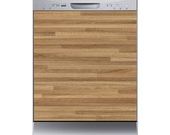 Puede incluir: Un lavavajillas de acero inoxidable con un panel frontal con efecto madera. El panel frontal está hecho de piezas rectangulares de madera marrón claro. El panel de control y el asa están en la parte superior, con la marca "Robinhood" visible.