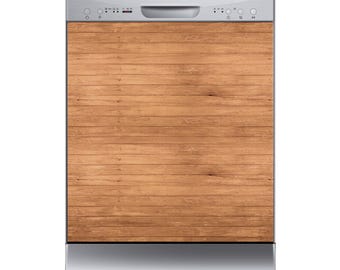 Puede incluir: Un lavavajillas de acero inoxidable con un panel frontal de madera. El panel de vetas de madera está hecho de tablones horizontales en tonos marrones. El lavavajillas tiene un asa y un panel de control en la parte superior con la marca "Robinhood".