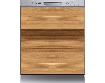 Puede incluir: Un lavavajillas de acero inoxidable con un panel frontal de madera. El lavavajillas tiene un asa y un panel de control en la parte superior, con la marca "Robinhood" visible. El panel de madera tiene un patrón de vetas naturales.