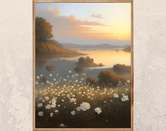 Serenity Captured: Muted Oil Painting of White Flowers, Lake, and Tranquil Landscape | Oilpainting|Printable Wall Decor,Digital Download Art