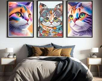 Whimsical Watercolor Cat Pictures, Unique Art Prints for Cat Lovers, Adorable Cat Portrait in Vibrant Hues Wall Art, Print for Home Decor