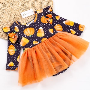 Candy Corn Harvest Girl Infant Romper by Okie and Lou in Size 9-12 months