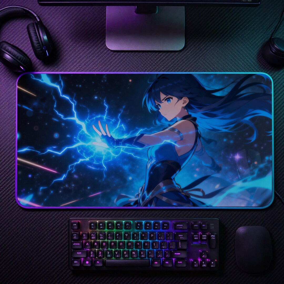 Desk Model Lightning Blue Lightning Anime Girl Desk Mat | Gaming Mousepad - Etsy