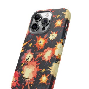 May include: A smartphone case with a colorful explosion pattern in red, orange, and yellow on a black background. The case has a glossy finish and a camera cutout.