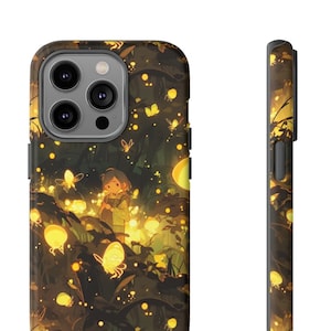 May include: A phone case with an anime-style illustration of a person in a forest with glowing butterflies and orbs. The case has a dark background with yellow and green accents, and a black border.