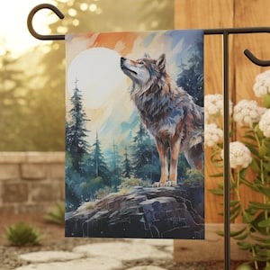 Bandeira da casa e do jardim do lobo orgulhoso, banner de arte em aquarela de lobo, decoração de casa, banner de jardim e casa, 12'' × 18'' e 24,5'' × 32''