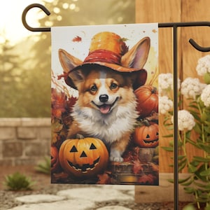 Pembroke Welsh Corgi Autumn Watercolor Art, Garden & House Banner, Fall Dog Flag