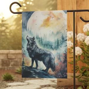 Lobo e a Lua Bandeira de jardim e casa, banner de arte em aquarela de lobo, decoração de casa, banner de jardim e casa, 12'' × 18'' e 24,5'' × 32''