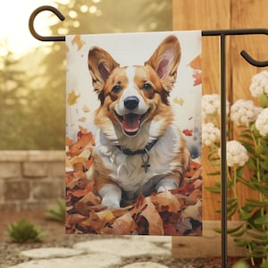 Corgi Garden and House Flag, Fall Corgi Flag, Autumn Corgi Home Decor, Watercolor Art Banner, Garden Banner, 12&#39;&#39; × 18&#39;&#39; and 24.5&#39;&#39; × 32&#39;&#39;