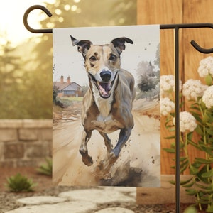 Happy Sprinting Greyhound Garden & House Flag, Dog Banner, Lawn Ornament, Two Sizes, Gifts for Him or Her