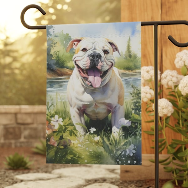 Happy Bulldog in groene weide vlag, hondenliefhebber tuin banner, zomerhuis vlag, hond gazon ornament, hond moeder cadeau, hond vader cadeau, tuinman cadeau