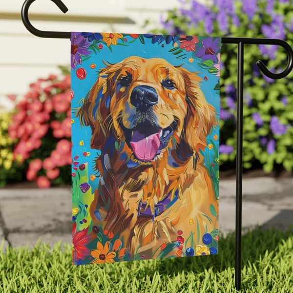 Vibrant Golden Retriever Colorful Garden Flag, Dog Welcome Banner, Outdoor Home Decor, 12x18 & 24.5x32 In, Double Sided, Yard Art