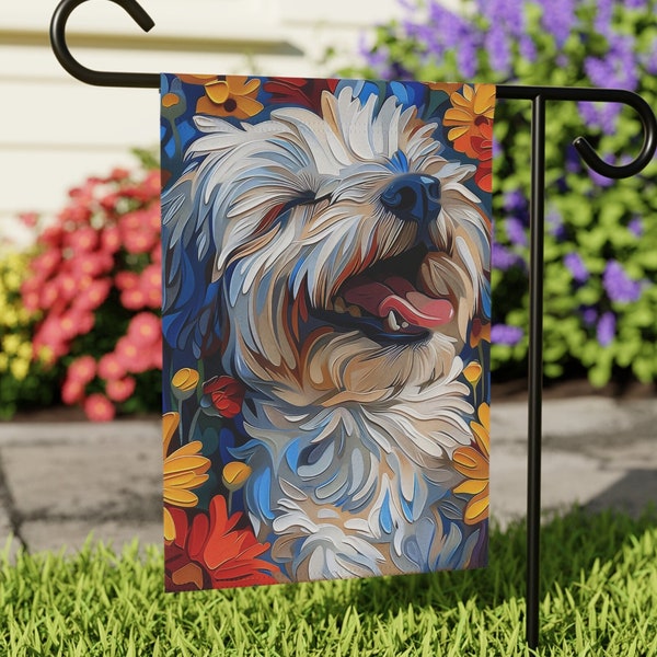 Happy Maltese Floral Bliss Garden Flag, Dog Rustic Welcome Banner, Farm Home Decor, 12x18 & 24.5x32 In, Double Sided, Yard Art