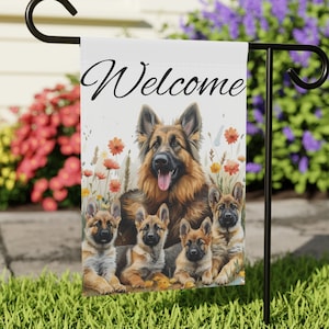 German Shepherd Mom Garden Flag, Puppies Welcome Banner, Mother&#39;s Day Home Decor, 12x18 & 24.5x32 In, Double Sided, Yard Art