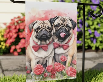 Adorable Pugs Valentines Flag and Banner, Outdoor Decor, Perfect Gift for Dog Lovers, Watercolor Yard Art, Double Sided