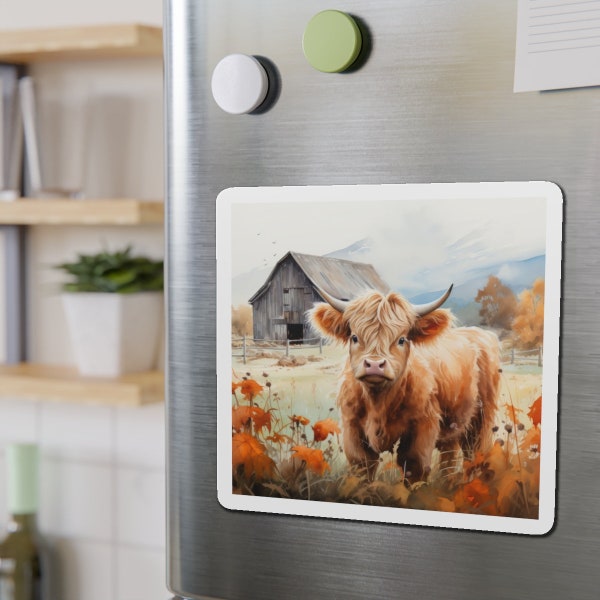 Highlands Cow Magnet, Watercolor Long Hair Cow Art, Farm Life Magnet, Die-Cut Magnet, 5 Sizes