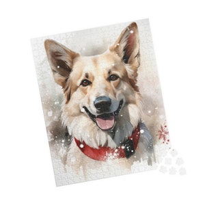 White German Shepherd Jigsaw Puzzle, Winter Chipboard Puzzle, Christmas Dog Jigsaw Puzzle, 110, 252, 500, 1014 piece puzzle