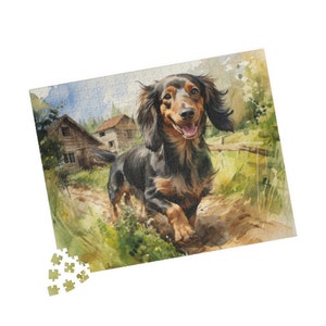 Happy Dachshund In Village Jigsaw Puzzle, Chipboard Dog Puzzle, Home Decor, Pet Lover Gift 110, 252, 500, 1014 piece puzzle