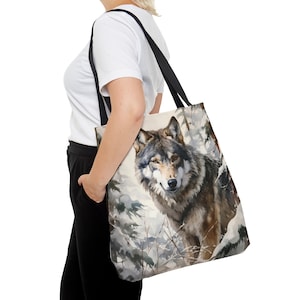 Winter Wolf Einkaufstasche, grauer Wolf-Einkaufstasche, verschneiten Wald Tasche, Wildlife Kunst Einkaufstasche, Geschenke für sie, klein, mittel und groß