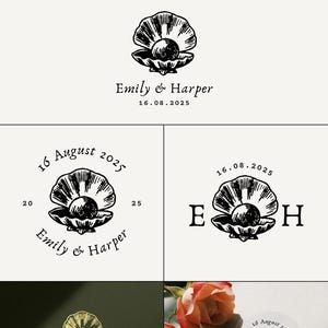 Puede incluir: Una colección de diseños temáticos de boda con una concha y una perla, los nombres "Emily & Harper" y la fecha "16.08.2025". Los diseños incluyen logotipos, papelería y un posavasos, todo en blanco y negro.