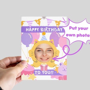 Carte de joyeux anniversaire à imprimer, carte d'anniversaire chat mignon, carte d'anniversaire kawaii, carte de voeux, carte d'anniversaire de fête, carte d'anniversaire, ajouter une photo