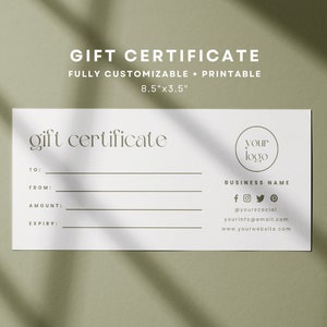 Minimal Gift Certificate Template, DIY Small Business Gift Certificate, Editable Gift Voucher, Printable Add Logo Gift Card, Spa Voucher