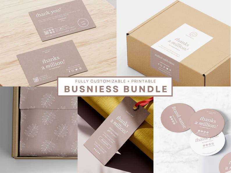 Puede incluir: Un paquete de marca empresarial con una variedad de dise&ntilde;os personalizables e imprimibles. El paquete incluye una tarjeta de agradecimiento, una etiqueta de regalo, una pegatina y una etiqueta de env&iacute;o. Todos los dise&ntilde;os presentan una est&eacute;tica minimalista con un patr&oacute;n de hojas simple y el texto "&iexcl;muchas gracias!" en una fuente moderna.
