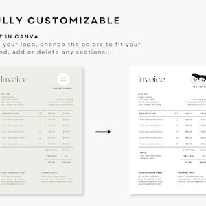 Op de afbeelding: Een aanpasbare factuurtemplate met een zwart-wit ontwerp. De template bevat secties voor factuurgegevens, beschrijving, hoeveelheid, prijs, totaal, subtotaal, btw en betalingsgegevens. De template bevat ook een ruimte voor een logo en een notitiesectie.