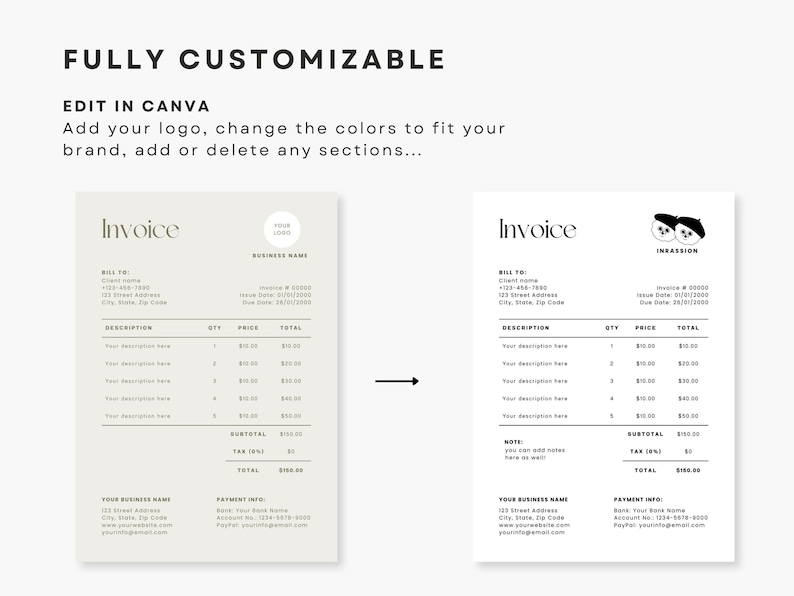 Minimalist Invoice Template, Small Business Invoice Form, Editable ...