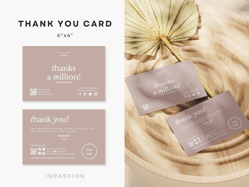 Puede incluir: Dos tarjetas de agradecimiento con fondo marr&oacute;n claro y texto blanco. La tarjeta superior dice "&iexcl;gracias un mill&oacute;n!" y la tarjeta inferior dice "&iexcl;gracias!" Ambas tarjetas tienen un c&oacute;digo QR e iconos de redes sociales.