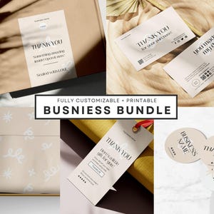 May include: A set of printable business cards, gift tags, and stickers with a minimalist design. The cards feature a neutral beige background with black text. The text includes "Thank You", "You made my day", and "Business Name".