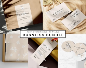 Kit editable de marca comercial, paquete de embalaje minimalista personalizado, pegatinas, etiquetas, papel de seda, caja de regalo y tarjeta de agradecimiento.