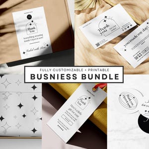 May include: A set of printable thank you cards and tags for small businesses. The cards feature a simple black and white design with a star motif and the text "Thank you".