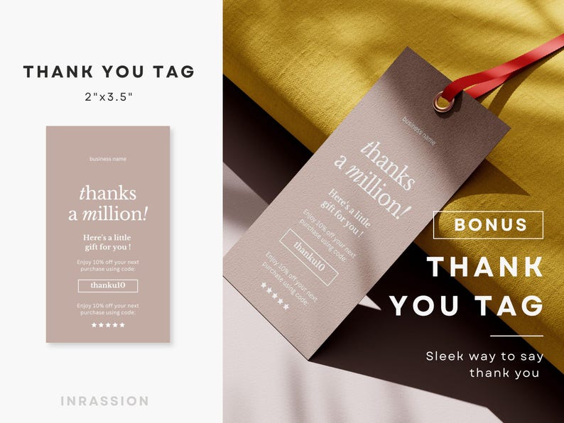 Puede incluir: Una etiqueta de agradecimiento marr&oacute;n con el texto "thanks a million!" y "Here's a little gift for you!" La etiqueta mide 5,1 cm por 8,9 cm.