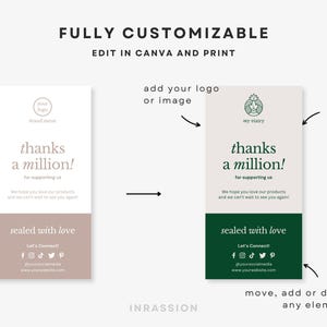 Puede incluir: Una plantilla de tarjeta de agradecimiento personalizable con el texto "&iexcl;muchas gracias!" en un esquema de color verde y marr&oacute;n. La plantilla incluye espacio para un logotipo, iconos de redes sociales y una direcci&oacute;n de sitio web. El texto "Editar en Canva e imprimir" tambi&eacute;n est&aacute; incluido.